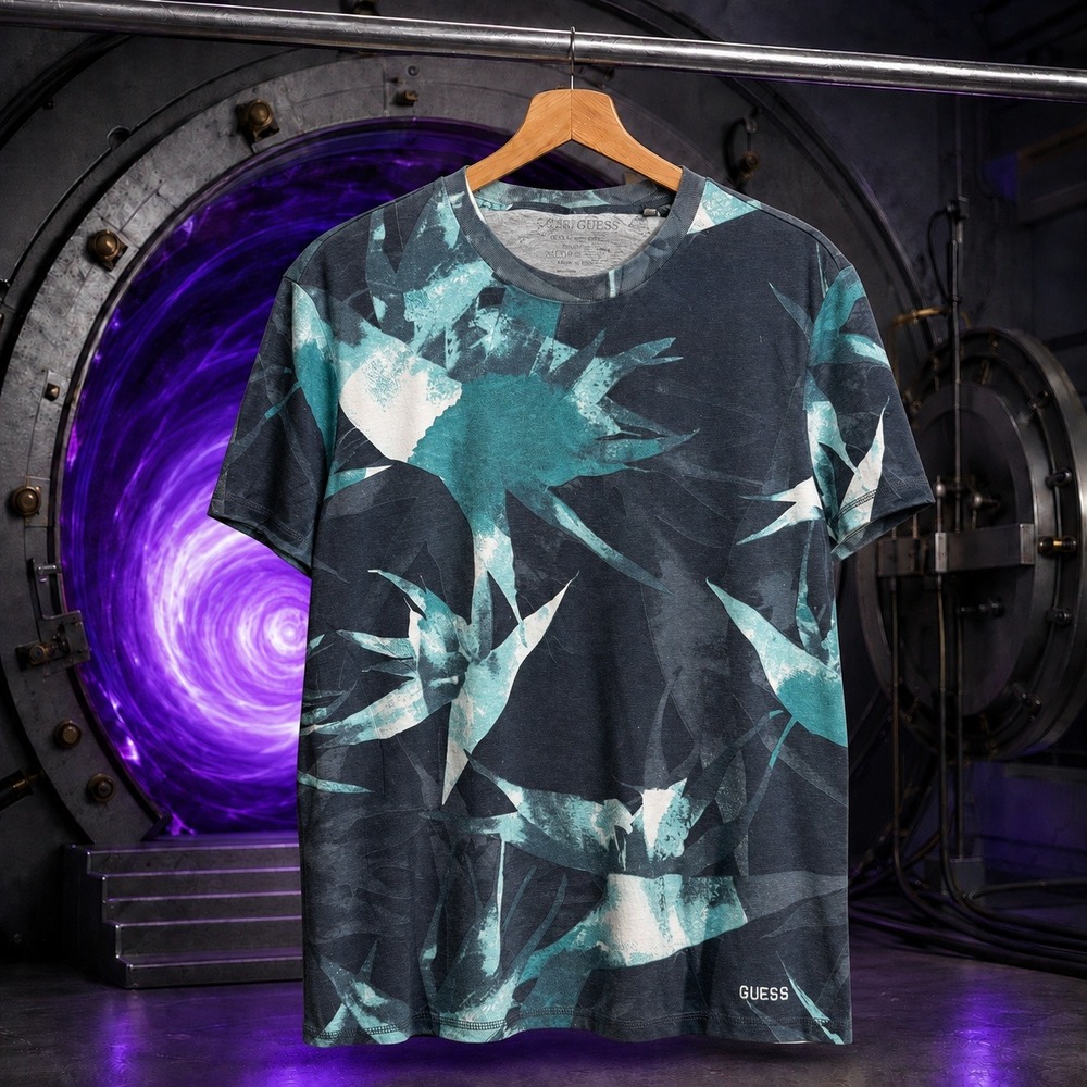Guess‎ Mens SmartGUESS Floral Leaf Print T-Shirt Teal Black Regular Fit Size S